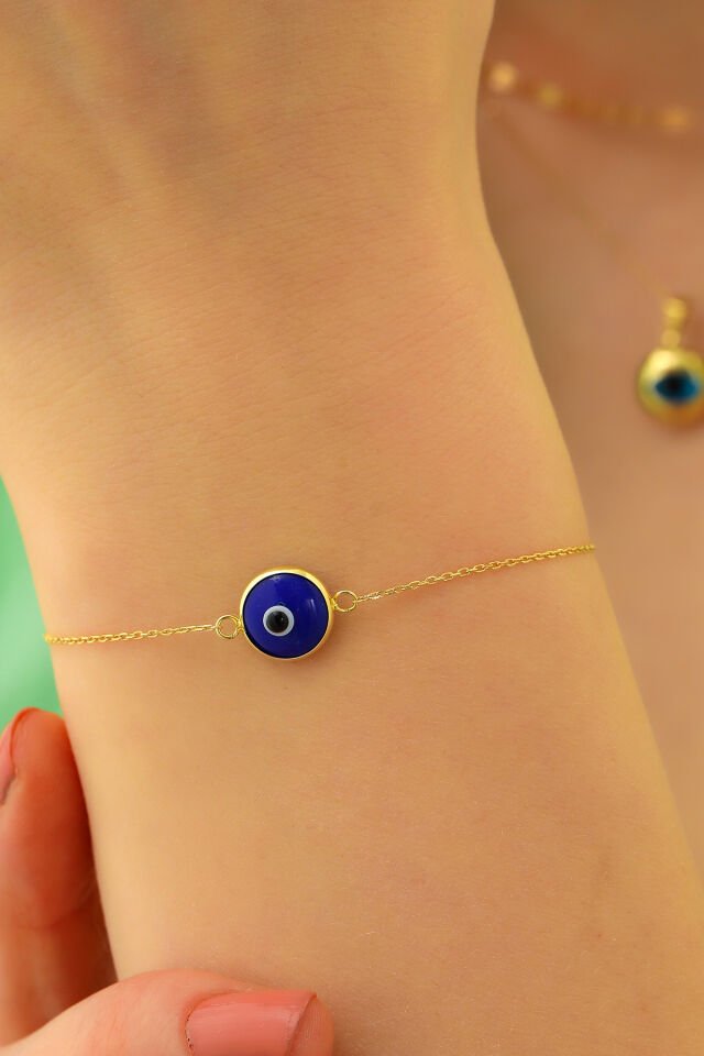 Prenses Pırlanta Kadın 14 Ayar Altın Göz Bileklik Renkli Altın Nazar Gözlü Bileklik Uzatmalı 18 cm Lacivert