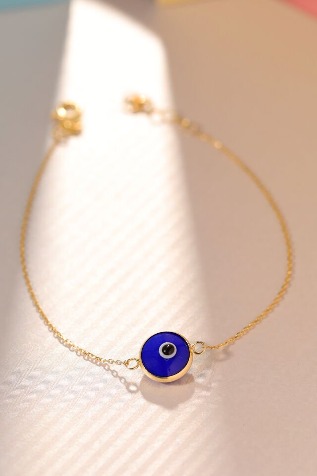 Prenses Pırlanta Kadın 14 Ayar Altın Göz Bileklik Renkli Altın Nazar Gözlü Bileklik Uzatmalı 18 cm Lacivert