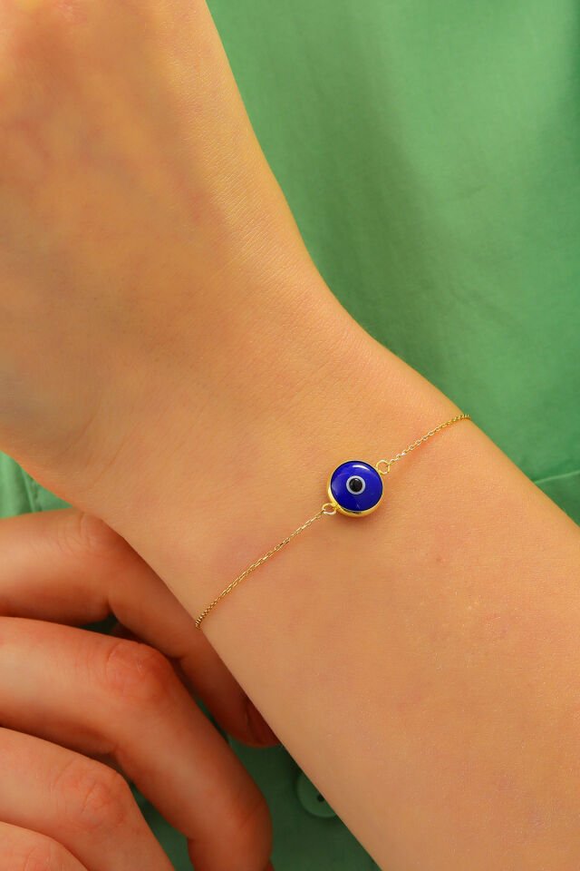 Prenses Pırlanta Kadın 14 Ayar Altın Göz Bileklik Renkli Altın Nazar Gözlü Bileklik Uzatmalı 18 cm Lacivert