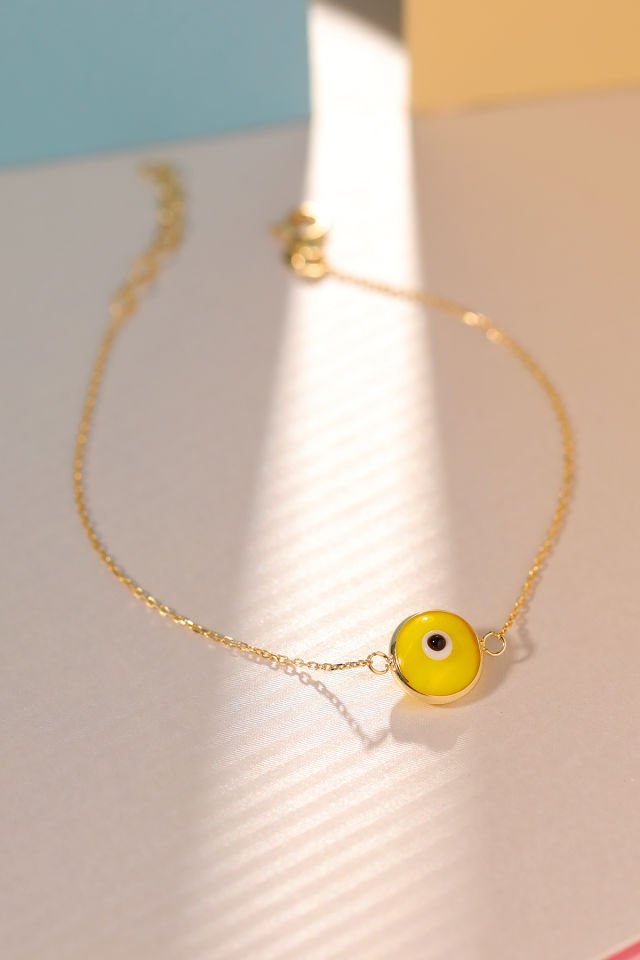 Prenses Pırlanta Kadın 14 Ayar Altın Göz Bileklik Renkli Altın Nazar Gözlü Bileklik Uzatmalı 18 cm Koyu Sarı
