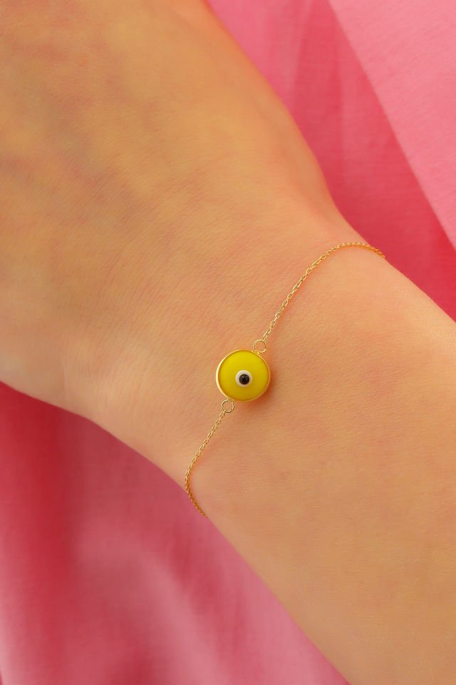 Prenses Pırlanta Kadın 14 Ayar Altın Göz Bileklik Renkli Altın Nazar Gözlü Bileklik Uzatmalı 18 cm Koyu Sarı