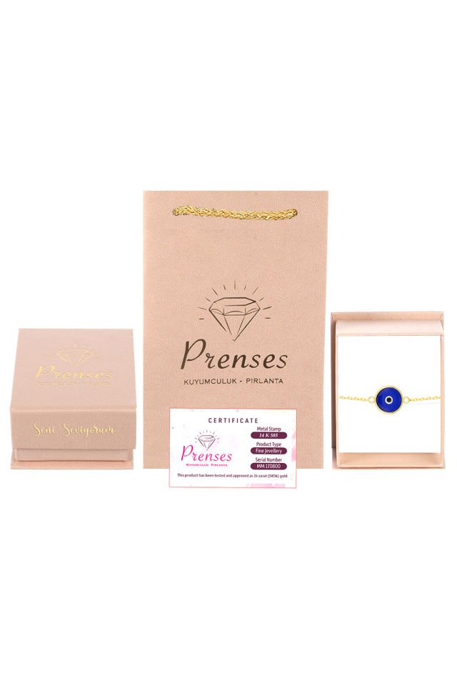 Prenses Pırlanta Kadın 14 Ayar Altın Göz Bileklik Renkli Altın Nazar Gözlü Bileklik Uzatmalı 18 cm Koyu Sarı