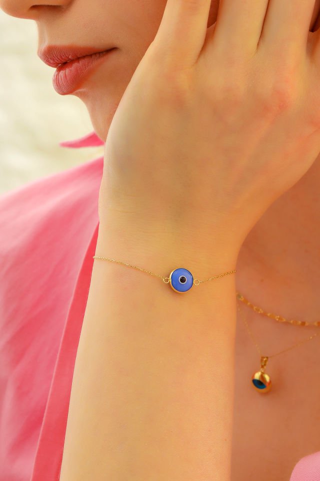 Prenses Pırlanta Kadın 14 Ayar Altın Göz Bileklik Renkli Altın Nazar Gözlü Bileklik Uzatmalı 18 cm Kırık Mavi