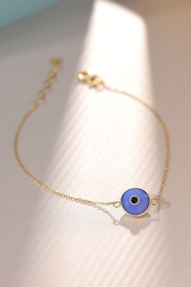 Prenses Pırlanta Kadın 14 Ayar Altın Göz Bileklik Renkli Altın Nazar Gözlü Bileklik Uzatmalı 18 cm Kırık Mavi