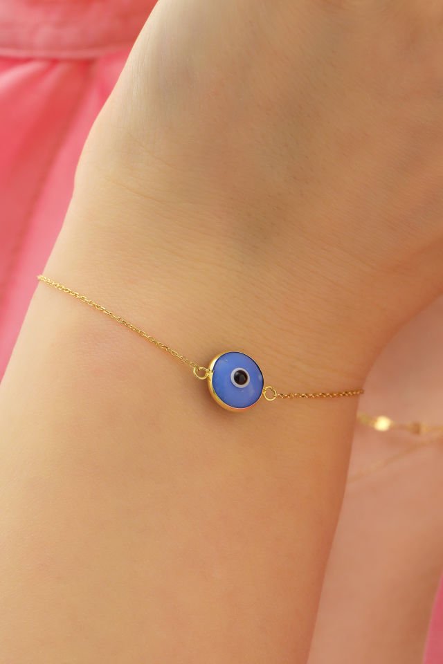 Prenses Pırlanta Kadın 14 Ayar Altın Göz Bileklik Renkli Altın Nazar Gözlü Bileklik Uzatmalı 18 cm Kırık Mavi