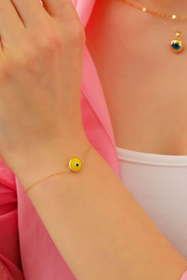 Prenses Pırlanta Kadın 14 Ayar Altın Göz Bileklik Renkli Altın Nazar Gözlü Bileklik Uzatmalı 18 cm Açık Sarı