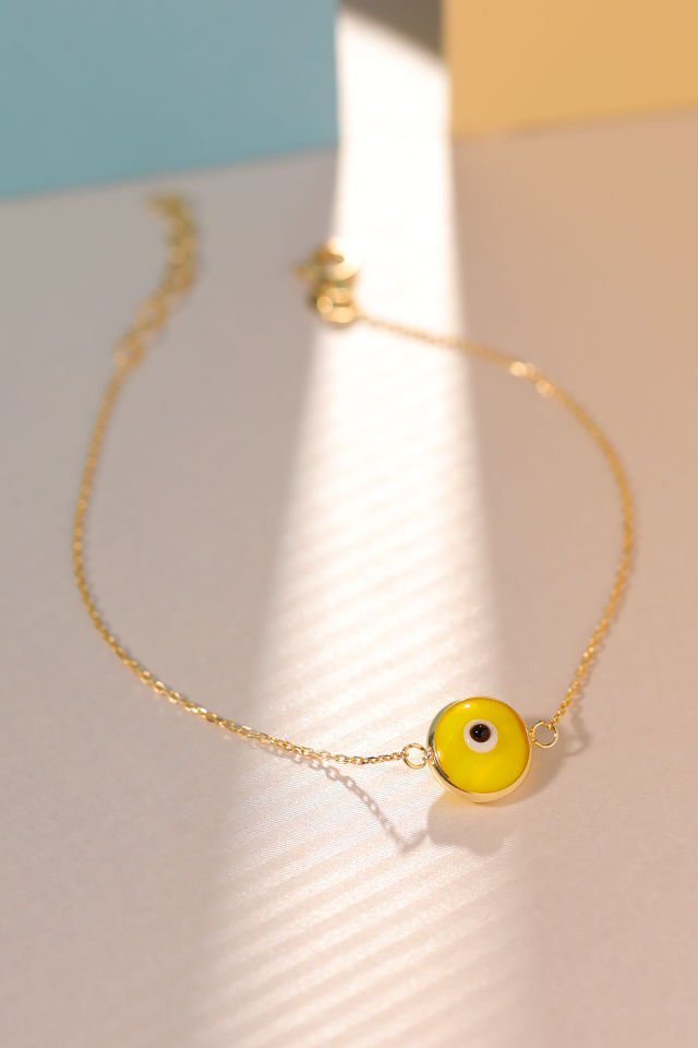 Prenses Pırlanta Kadın 14 Ayar Altın Göz Bileklik Renkli Altın Nazar Gözlü Bileklik Uzatmalı 18 cm Açık Sarı