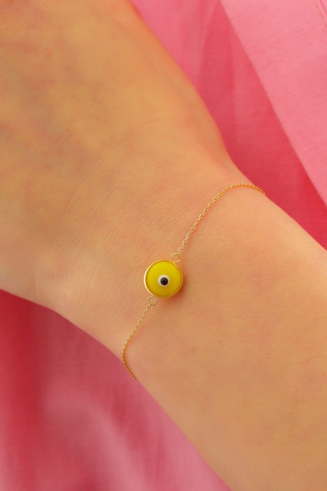 Prenses Pırlanta Kadın 14 Ayar Altın Göz Bileklik Renkli Altın Nazar Gözlü Bileklik Uzatmalı 18 cm Açık Sarı