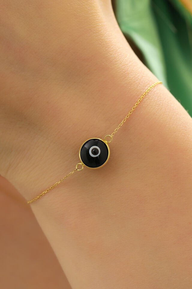 Prenses Pırlanta Kadın 14 Ayar Altın Göz Bileklik Renkli Altın Nazar Gözlü Bileklik Uzatmalı 18 cm Siyah