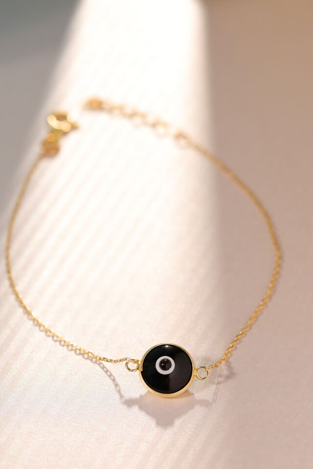 Prenses Pırlanta Kadın 14 Ayar Altın Göz Bileklik Renkli Altın Nazar Gözlü Bileklik Uzatmalı 18 cm Siyah