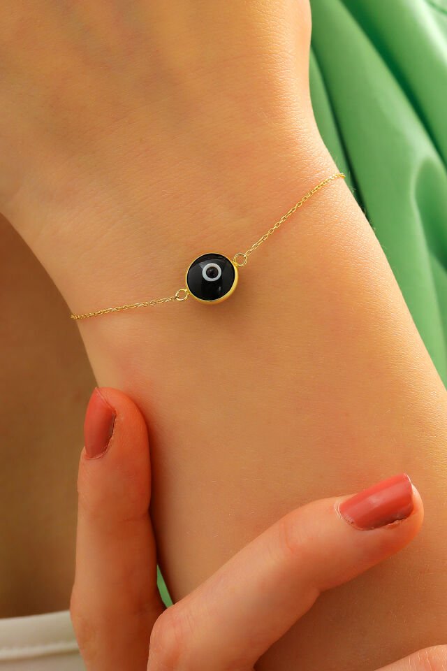 Prenses Pırlanta Kadın 14 Ayar Altın Göz Bileklik Renkli Altın Nazar Gözlü Bileklik Uzatmalı 18 cm Siyah