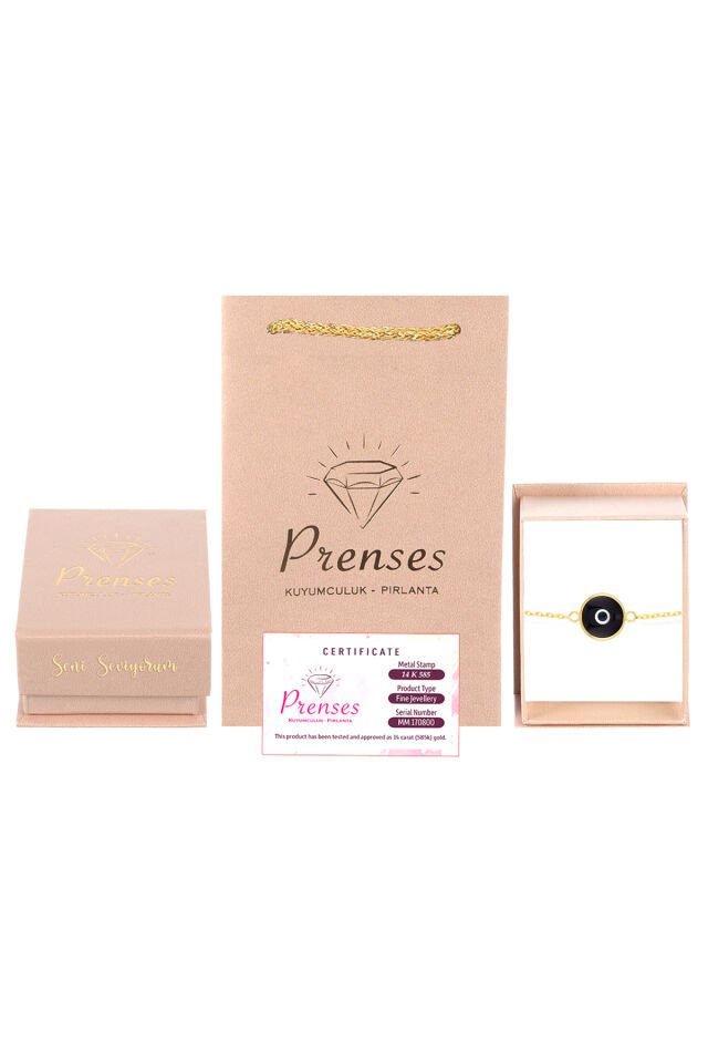 Prenses Pırlanta Kadın 14 Ayar Altın Göz Bileklik Renkli Altın Nazar Gözlü Bileklik Uzatmalı 18 cm Siyah