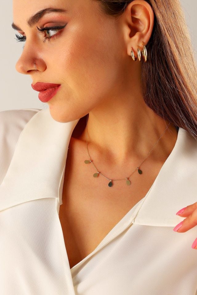 Prenses Pırlanta-14 Ayar Altın Taşsız Damla  Şans Altın Kolye Modelisi