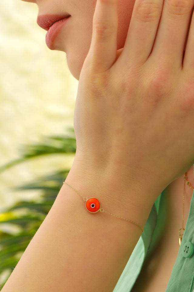 Prenses Pırlanta Kadın 14 Ayar Altın Göz Bileklik Renkli Altın Nazar Gözlü Bileklik Uzatmalı 18 cm Turuncu