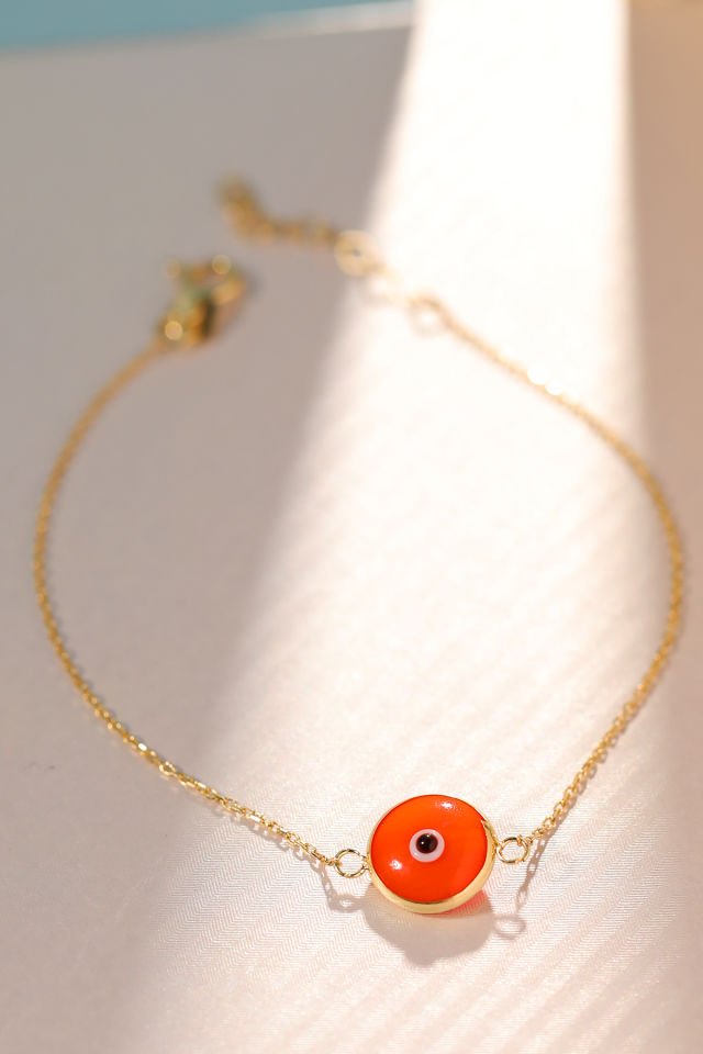 Prenses Pırlanta Kadın 14 Ayar Altın Göz Bileklik Renkli Altın Nazar Gözlü Bileklik Uzatmalı 18 cm Turuncu