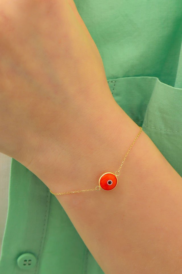 Prenses Pırlanta Kadın 14 Ayar Altın Göz Bileklik Renkli Altın Nazar Gözlü Bileklik Uzatmalı 18 cm Turuncu
