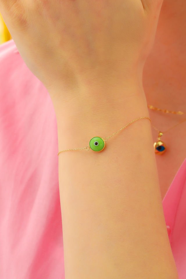 Prenses Pırlanta Kadın 14 Ayar Altın Göz Bileklik Renkli Altın Nazar Gözlü Bileklik Uzatmalı 18 cm Yeşil
