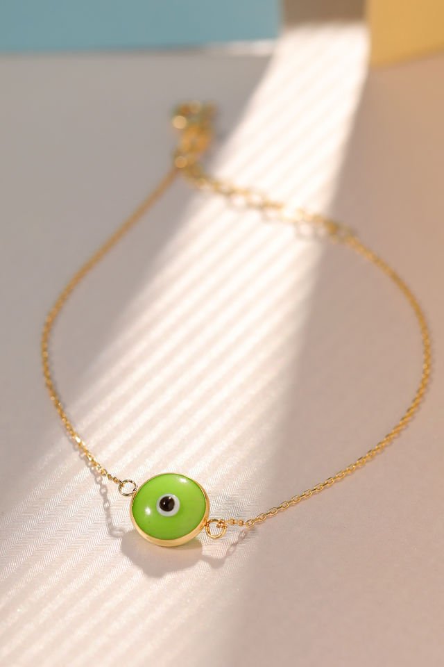 Prenses Pırlanta Kadın 14 Ayar Altın Göz Bileklik Renkli Altın Nazar Gözlü Bileklik Uzatmalı 18 cm Yeşil