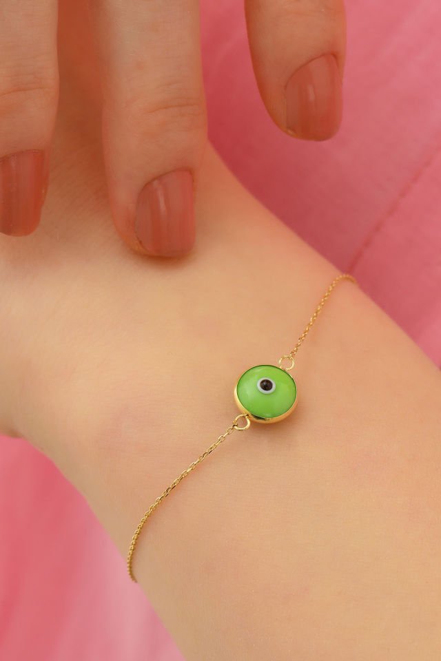 Prenses Pırlanta Kadın 14 Ayar Altın Göz Bileklik Renkli Altın Nazar Gözlü Bileklik Uzatmalı 18 cm Yeşil