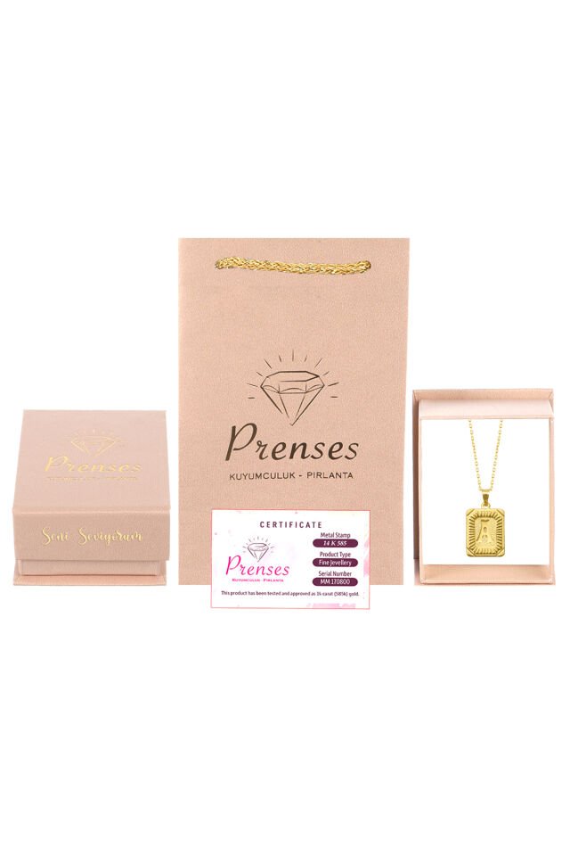 PRENSES PIRLANTA Kadın 14 Ayar Altın Kare Harf Kolye A & Z Harfi Altın Kolye Zincirli Harf Kolye 42 Cm A