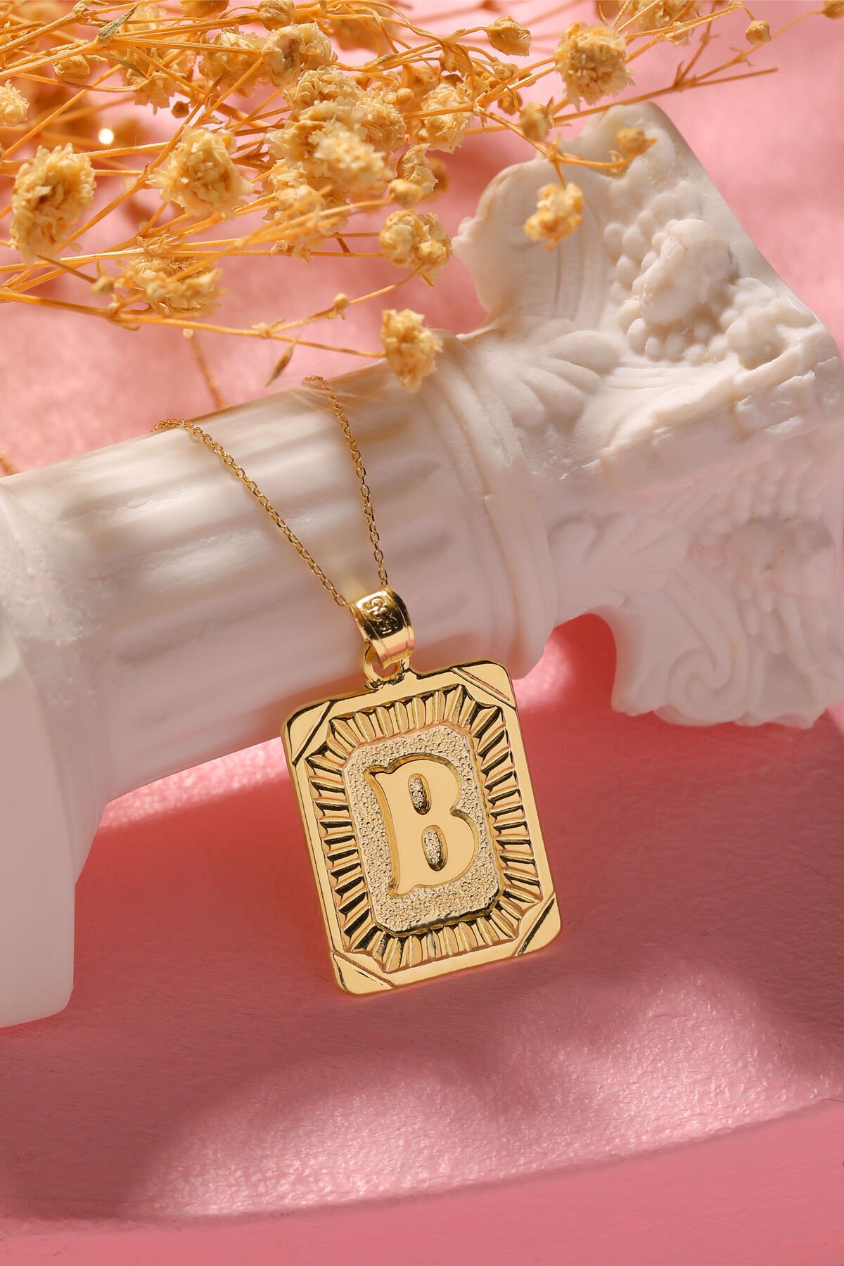 PRENSES PIRLANTA Kadın 14 Ayar Altın Kare Harf Kolye A & Z Harfi Altın Kolye Zincirli Harf Kolye 42 Cm B