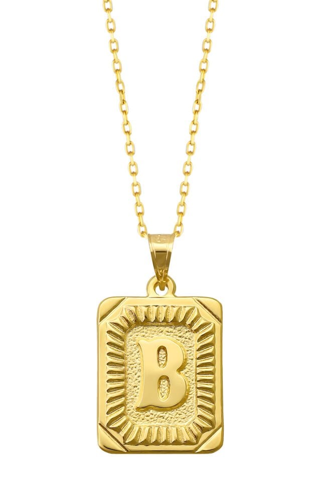 PRENSES PIRLANTA Kadın 14 Ayar Altın Kare Harf Kolye A & Z Harfi Altın Kolye Zincirli Harf Kolye 42 Cm B
