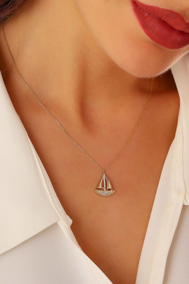 Prenses Pırlanta-14 Ayar Elişi Taşlı Yelkenli Altın Kolye Modeli