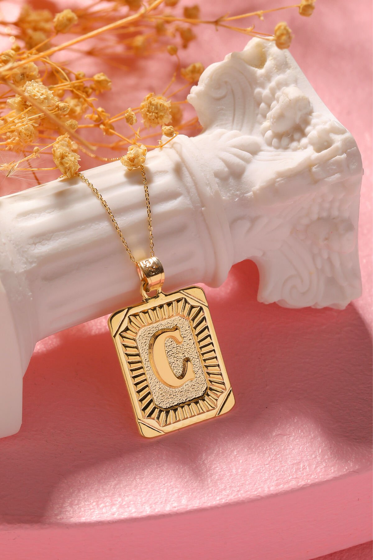 PRENSES PIRLANTA Kadın 14 Ayar Altın Kare Harf Kolye A & Z Harfi Altın Kolye Zincirli Harf Kolye 42 Cm C