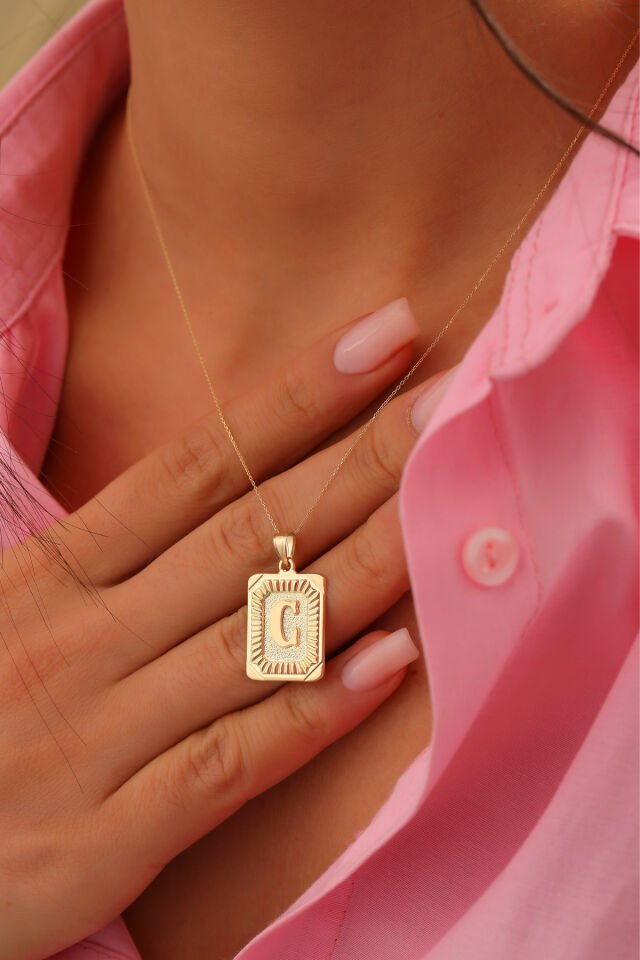 PRENSES PIRLANTA Kadın 14 Ayar Altın Kare Harf Kolye A & Z Harfi Altın Kolye Zincirli Harf Kolye 42 Cm C