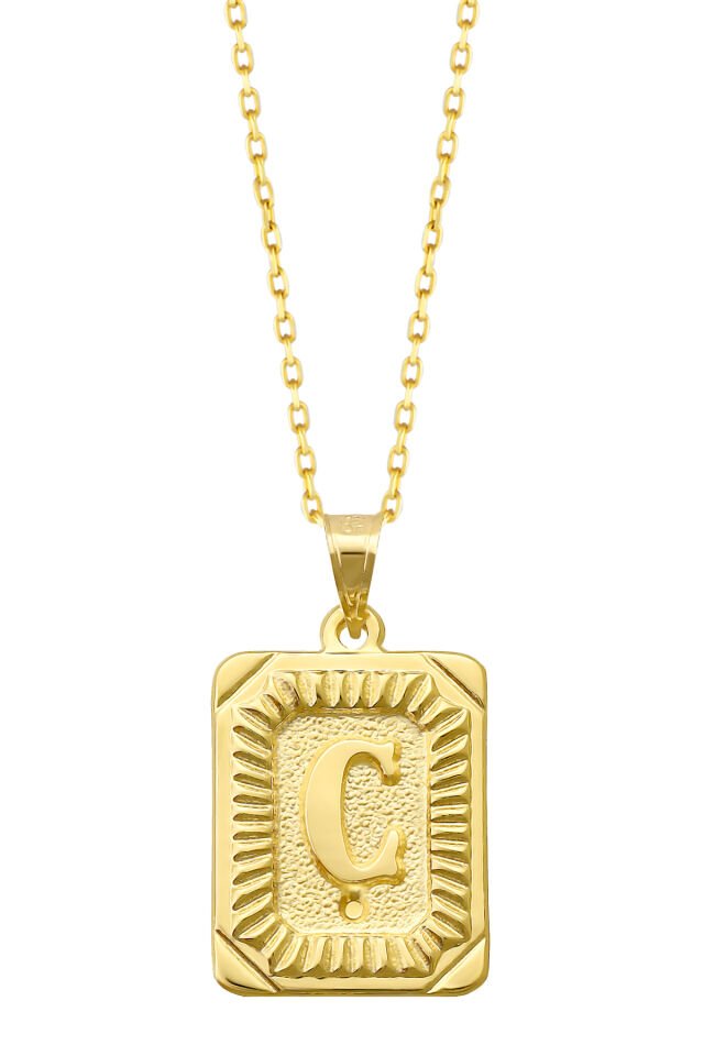 PRENSES PIRLANTA Kadın 14 Ayar Altın Kare Harf Kolye A & Z Harfi Altın Kolye Zincirli Harf Kolye 42 Cm Ç