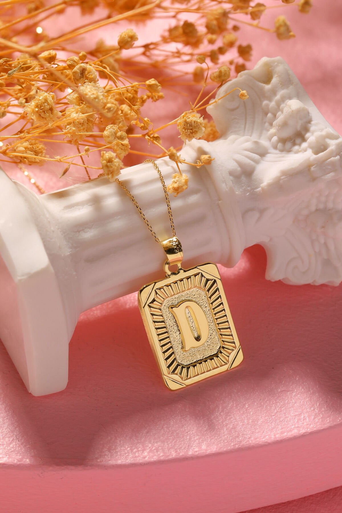 PRENSES PIRLANTA Kadın 14 Ayar Altın Kare Harf Kolye A & Z Harfi Altın Kolye Zincirli Harf Kolye 42 Cm D