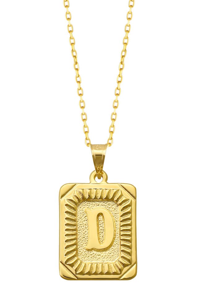 PRENSES PIRLANTA Kadın 14 Ayar Altın Kare Harf Kolye A & Z Harfi Altın Kolye Zincirli Harf Kolye 42 Cm D