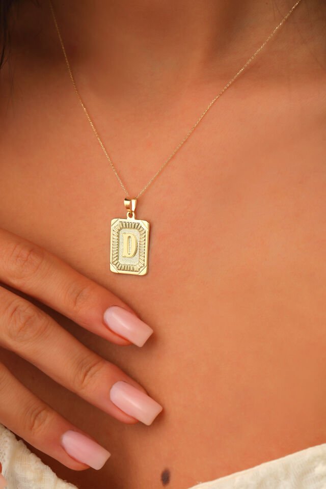 PRENSES PIRLANTA Kadın 14 Ayar Altın Kare Harf Kolye A & Z Harfi Altın Kolye Zincirli Harf Kolye 42 Cm D