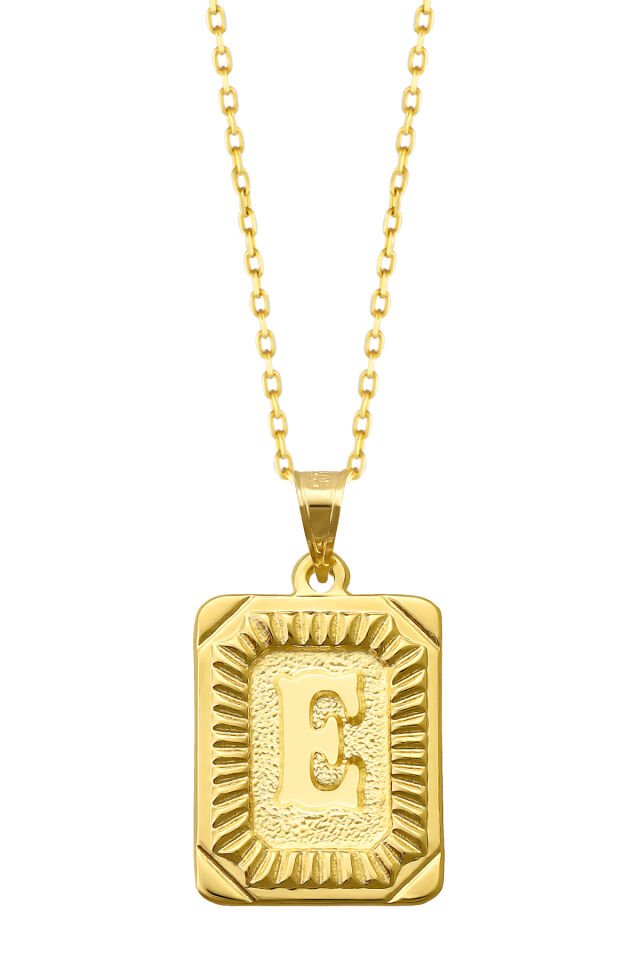 PRENSES PIRLANTA Kadın 14 Ayar Altın Kare Harf Kolye A & Z Harfi Altın Kolye Zincirli Harf Kolye 42 Cm E