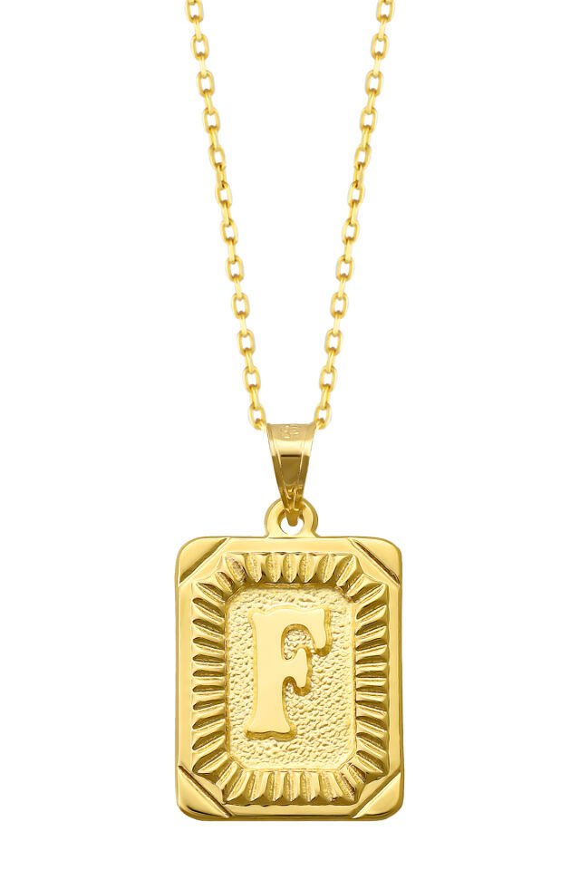 PRENSES PIRLANTA Kadın 14 Ayar Altın Kare Harf Kolye A & Z Harfi Altın Kolye Zincirli Harf Kolye 42 Cm F