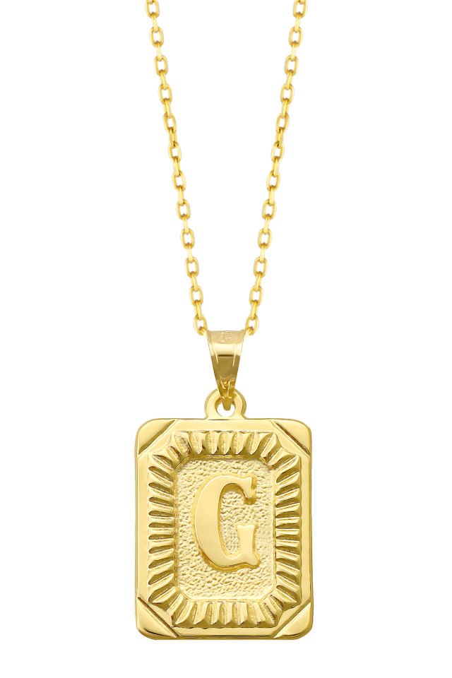 PRENSES PIRLANTA Kadın 14 Ayar Altın Kare Harf Kolye A & Z Harfi Altın Kolye Zincirli Harf Kolye 42 Cm G