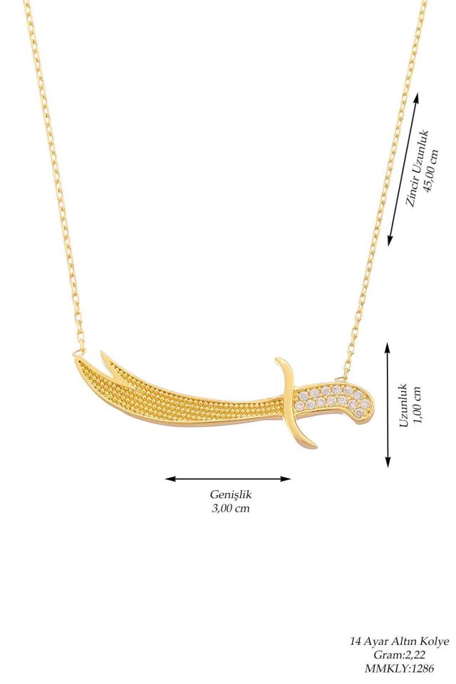 Prenses Pırlanta-14 Ayar Altın 3 cm Taşlı Zülfikar Altın Kolye Modeli