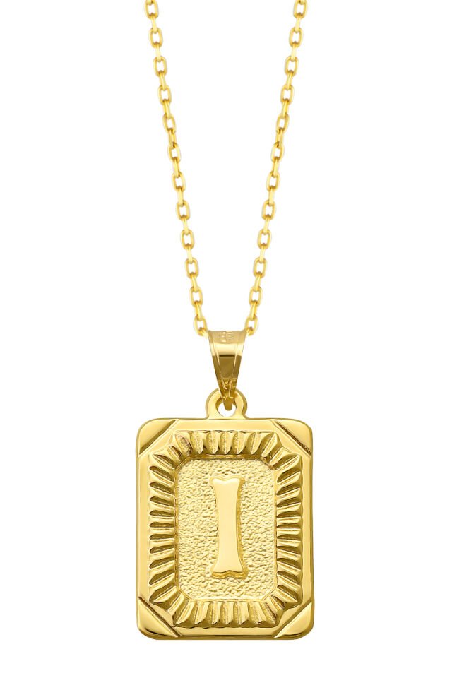 PRENSES PIRLANTA Kadın 14 Ayar Altın Kare Harf Kolye A & Z Harfi Altın Kolye Zincirli Harf Kolye 42 Cm I