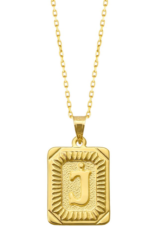 PRENSES PIRLANTA Kadın 14 Ayar Altın Kare Harf Kolye A & Z Harfi Altın Kolye Zincirli Harf Kolye 42 Cm J