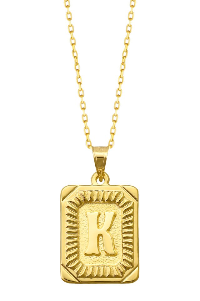 PRENSES PIRLANTA Kadın 14 Ayar Altın Kare Harf Kolye A & Z Harfi Altın Kolye Zincirli Harf Kolye 42 Cm K
