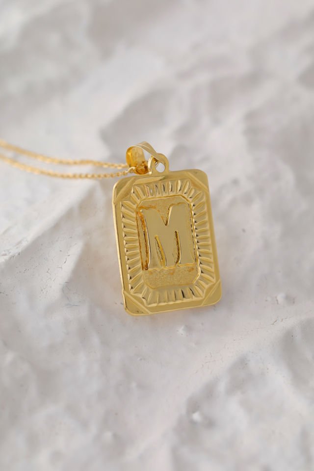 PRENSES PIRLANTA Kadın 14 Ayar Altın Kare Harf Kolye A & Z Harfi Altın Kolye Zincirli Harf Kolye 42 Cm M
