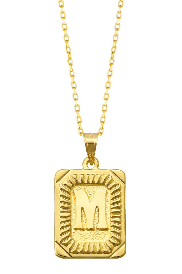 PRENSES PIRLANTA Kadın 14 Ayar Altın Kare Harf Kolye A & Z Harfi Altın Kolye Zincirli Harf Kolye 42 Cm M