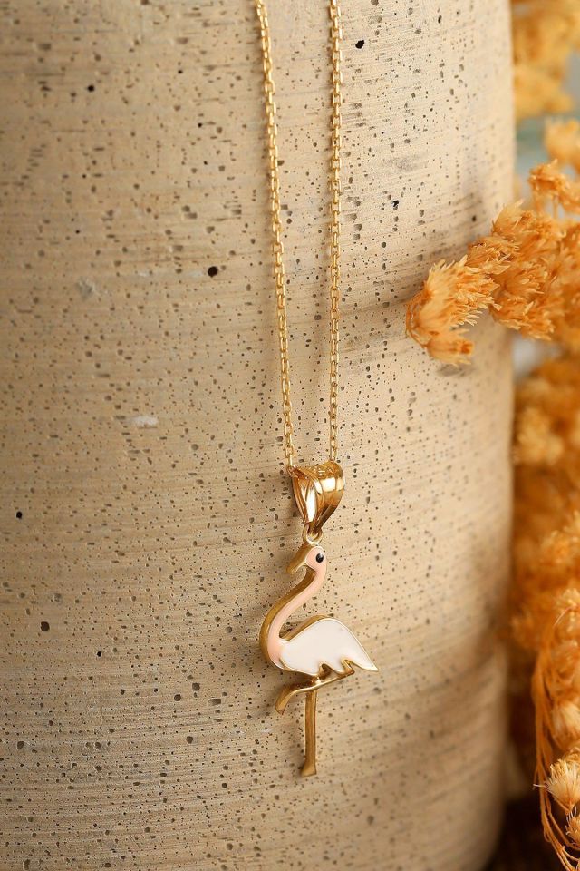 Prenses Pırlanta-14 Ayar Altın Fantezi Mineli Flamingo Altın Kolye Modeli