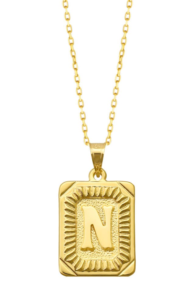 PRENSES PIRLANTA Kadın 14 Ayar Altın Kare Harf Kolye A & Z Harfi Altın Kolye Zincirli Harf Kolye 42 Cm N