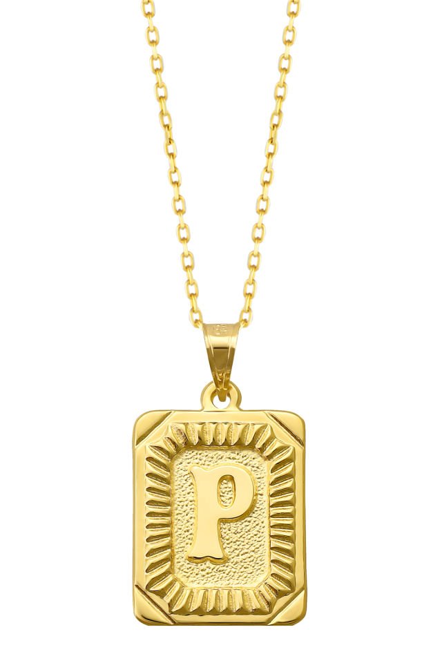 PRENSES PIRLANTA Kadın 14 Ayar Altın Kare Harf Kolye A & Z Harfi Altın Kolye Zincirli Harf Kolye 42 Cm P