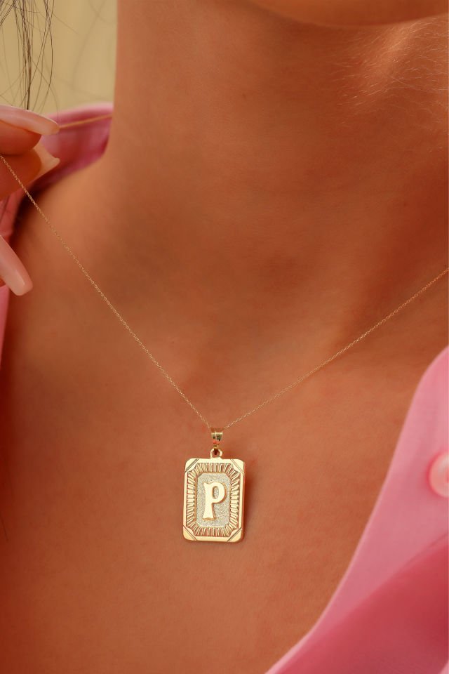 PRENSES PIRLANTA Kadın 14 Ayar Altın Kare Harf Kolye A & Z Harfi Altın Kolye Zincirli Harf Kolye 42 Cm P