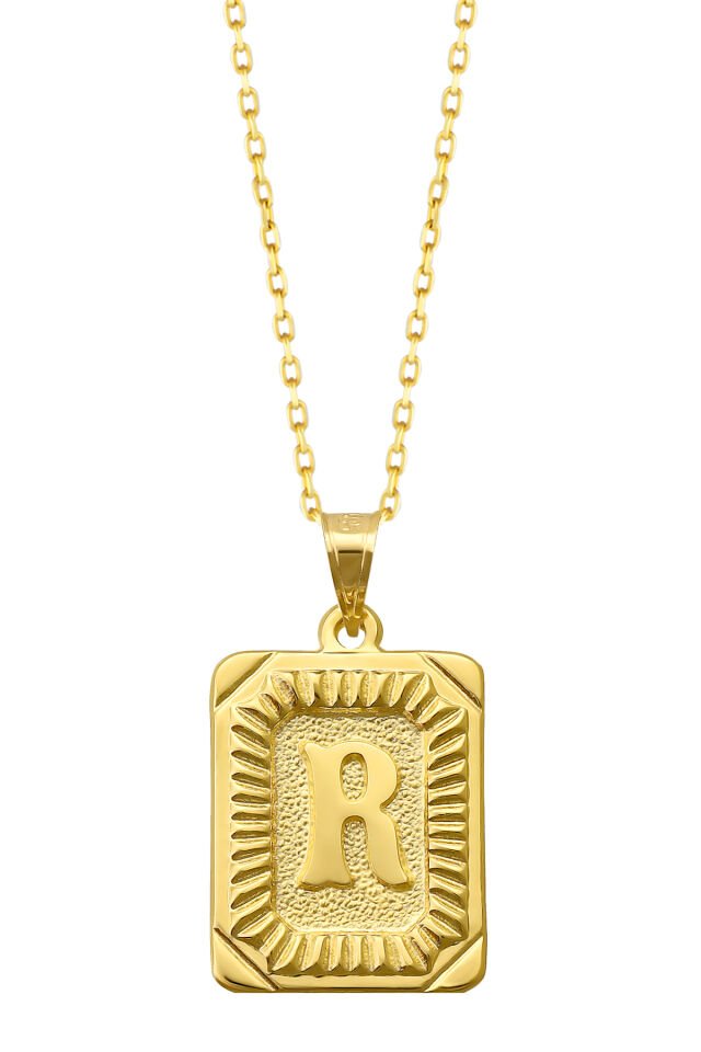 PRENSES PIRLANTA Kadın 14 Ayar Altın Kare Harf Kolye A & Z Harfi Altın Kolye Zincirli Harf Kolye 42 Cm R