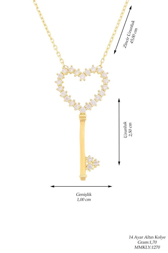 Prenses Pırlanta-14 Ayar Altın 2.5 cm Şans Anahtarı Altın Kolye Modeli