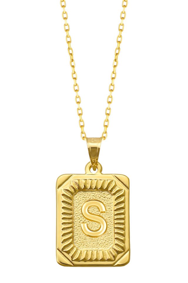 PRENSES PIRLANTA Kadın 14 Ayar Altın Kare Harf Kolye A & Z Harfi Altın Kolye Zincirli Harf Kolye 42 Cm S