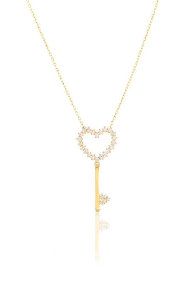 Prenses Pırlanta-14 Ayar Altın 2.5 cm Şans Anahtarı Altın Kolye Modeli